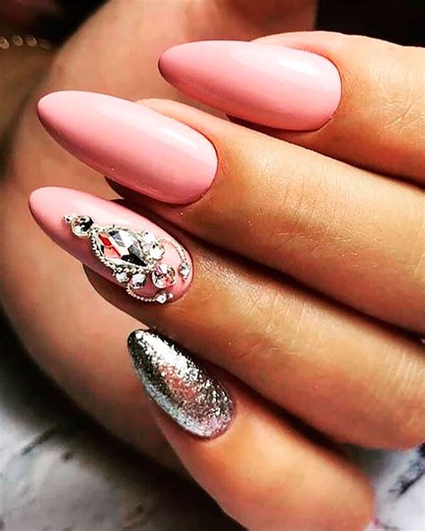 Fancy Almond Shaped Light Pink Nails With Glitter And Crystals Best