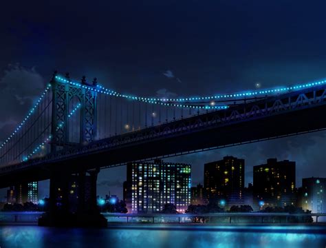 City Bridge At Night With Blue Lights