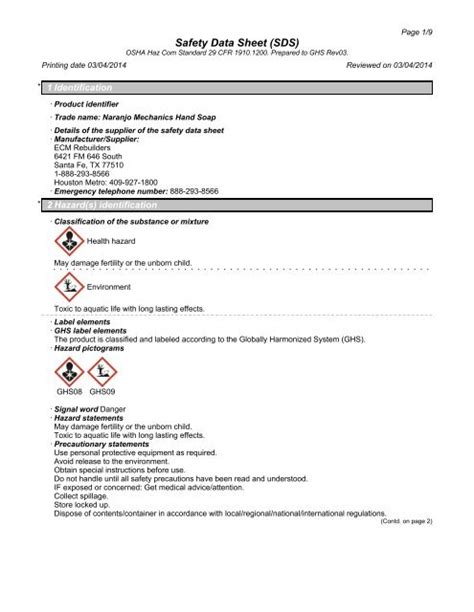 Sds Safety Data Sheet Printable