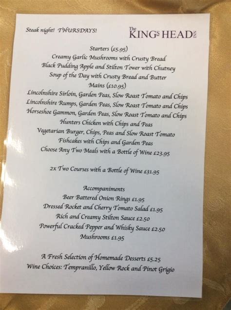 Menu At The Kings Head Pub And Bar Mablethorpe And Sutton Mill Rd
