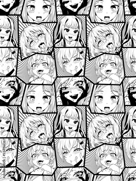 black ahegao face emotion vector seamless pattern illustration manga set hand drawn art for t