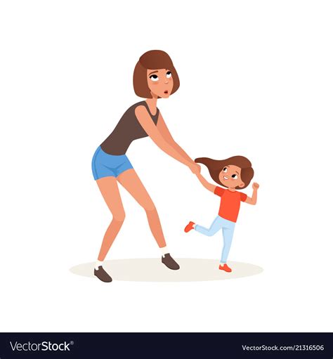 Tired Mother And Her Daughter Who Wants To Play Vector Image