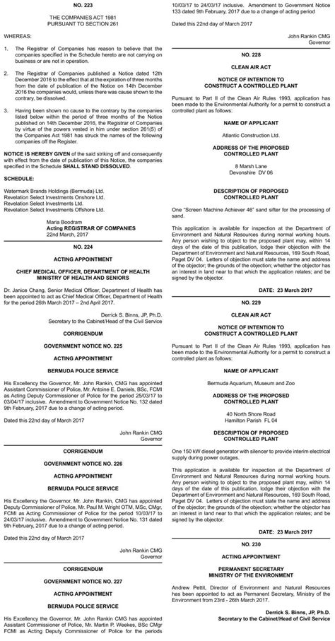 Official Notices No 223 229 The Royal Gazette Bermuda News