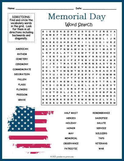 Free Printable Memorial Day Word Search Word Search Kids Word Search
