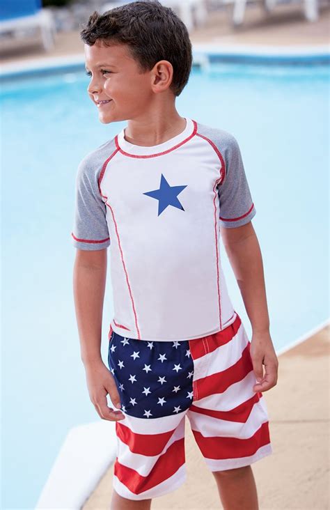 From Cwdkids Star Raglan Rash Guard And Flag Swim Trunks Kids Outfits