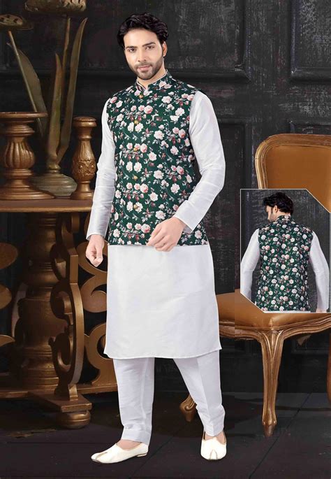 Off White Art Silk Readymade Kurta Pajama With Jacket 199183 In 2020