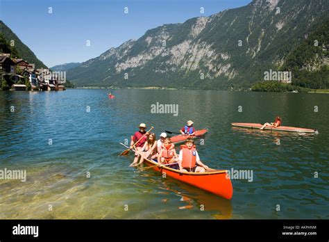 Children In A Canoe Lake Hallstatt Hallstatt Salzkammergut Upper