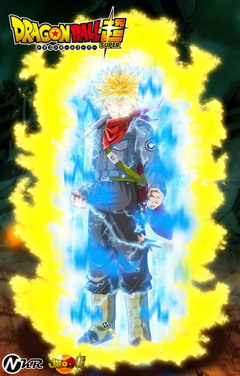 an anime character standing in front of a blue and yellow background with fire coming out of it