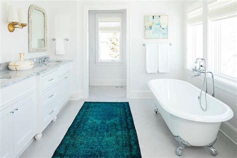 Neither are very common in our area, the bathroom is well ventilated (window and fan) and the obnoxious humidity we have recently is unusual. Turquoise Blue Overdyed Rug in White Bathroom ...