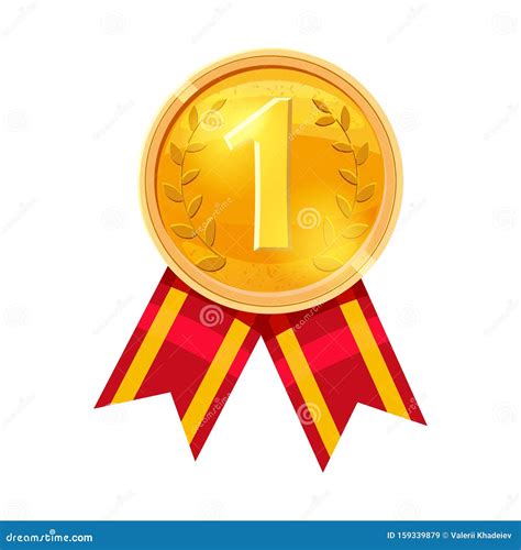 Gold First Place Medal On A Red Ribbon Icon Cartoon Vector