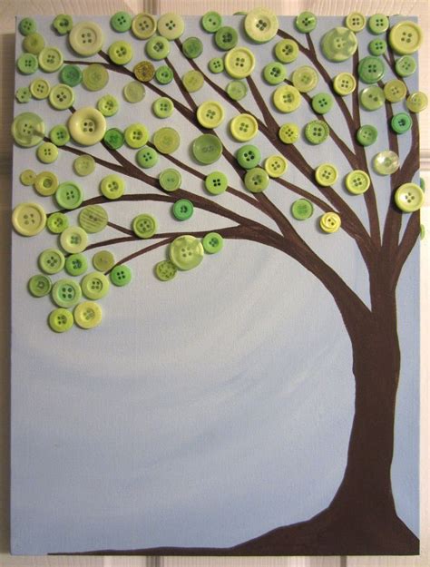 Sky Blue And Leaves Green Button Tree Painting Original