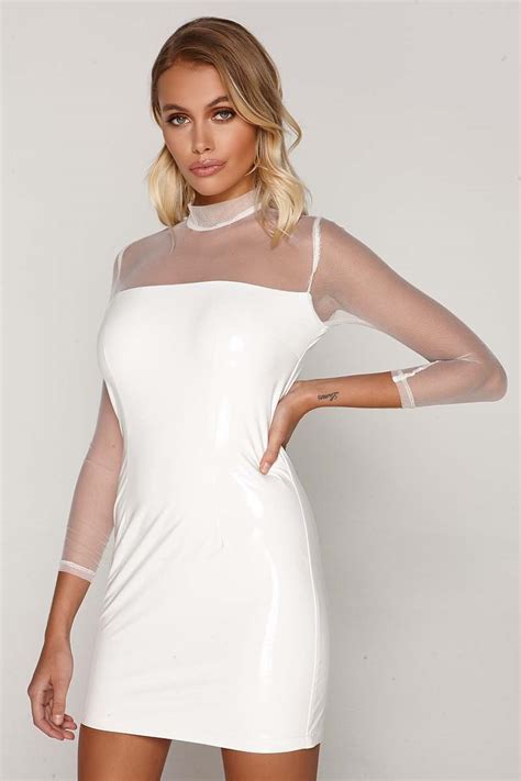 White Mesh Sleeve Vinyl Mini Dress In The Style