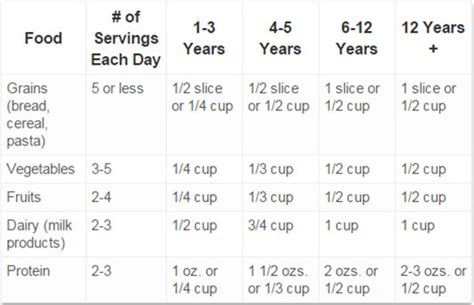 Recommended Serving Size By Age Serving Size Chart Size Chart For