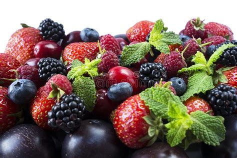 Ripe Strawberries Blackberries Blueberries Raspberries Red Berries Abd Plum Mix Berries And