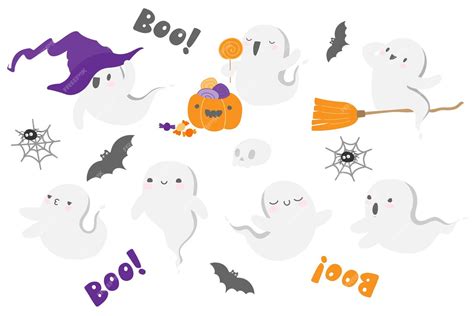 premium vector halloween ghost in cute kawaii style funny smiling samhain ghosts set with