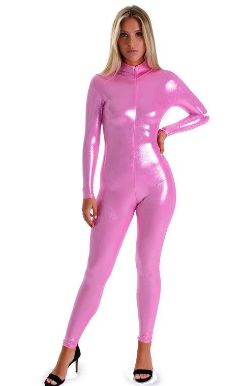 Front Zipper Catsuit Bodysuit In Metallic Mystique Bubblegum Pink