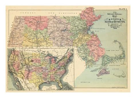 1898 United States Map Massachusetts State Map Massachusetts