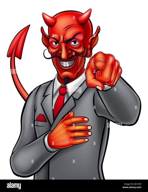 Cartoon Devil Satan Businessman In Suit Pointing His Finger In A Wants