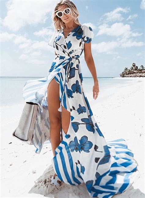 V Neck Short Sleeve Floral Slit Maxi Beach Dress
