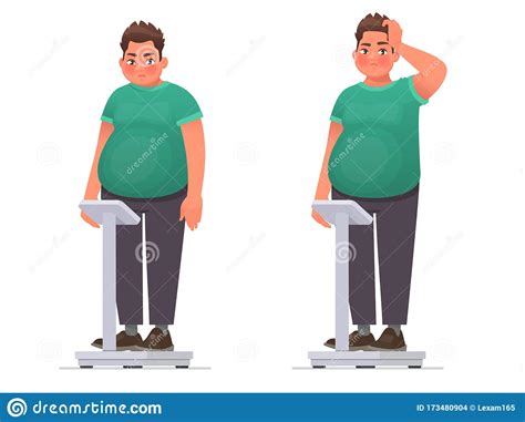 Overweight A Pensive Fat Man Is Standing On The Scales It S Time To