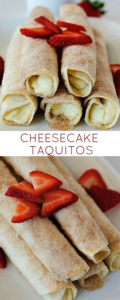 Satisfy your sweet tooth by indulging in some easy and delicious mexican desserts that everyone will love. Dessert Taquitos filled with a cheesecake center and rolled in cinnamon and sugar! So so yummy ...