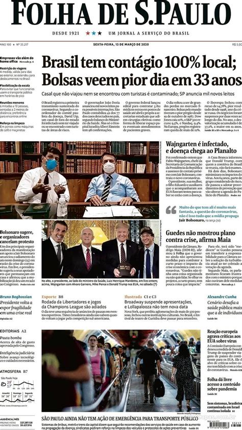 Capa Folha De Spaulo Edição Sexta13 De Março De 2020