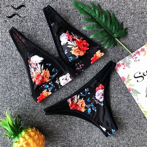 bikinx mesh see through swimsuit female deep v sexy swimwear women bathers floral print bathing