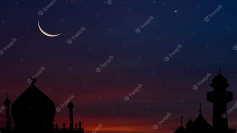 Premium Photo Silhouette Dome Mosques And Crescent Moon Stars On Dusk