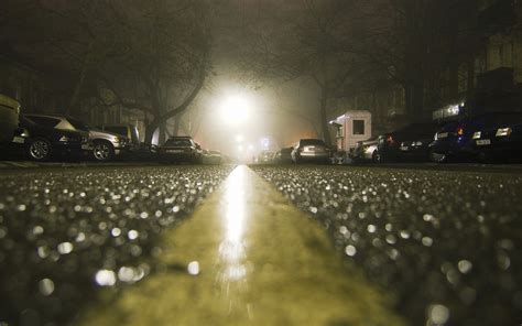 City Road Rain Wet Depth Of Field Lights Car Night Trees Worms Eye View Shiny