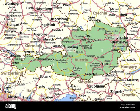 Map Of Austria Shows Country Borders Urban Areas Place Names And