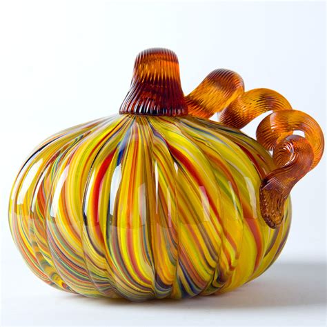 Glitzhome 4.21" Handblown Rainbow Striped Glass Pumpkin for Fall