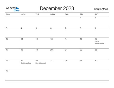 December 2023 Calendar With South Africa Holidays