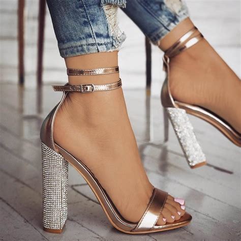 Women Gold Rhinestone Ankle Strap High Heels Sandals Shoes Ladies Sexy