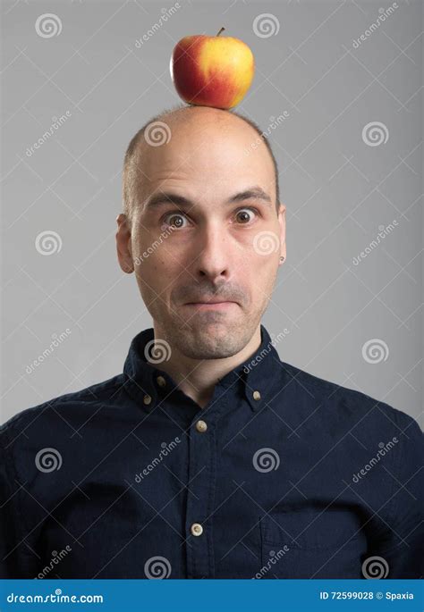 Bald Man With An Apple On His Head Stock Photo Image Of Isolated