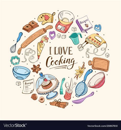I Love Cooking Poster Baking Tools In Circle Shape Poster With Hand Drawn Kitchen Utensils
