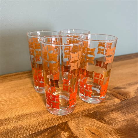 Mid Century Gold And Orange Drinking Glasses 8 Ounce Glasses Etsy