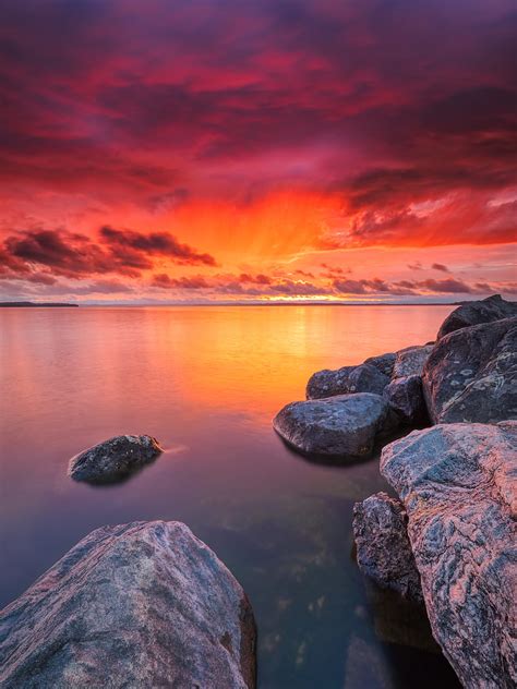 Stones Water Sunset Horizon Sky Hd Phone Wallpaper Peakpx