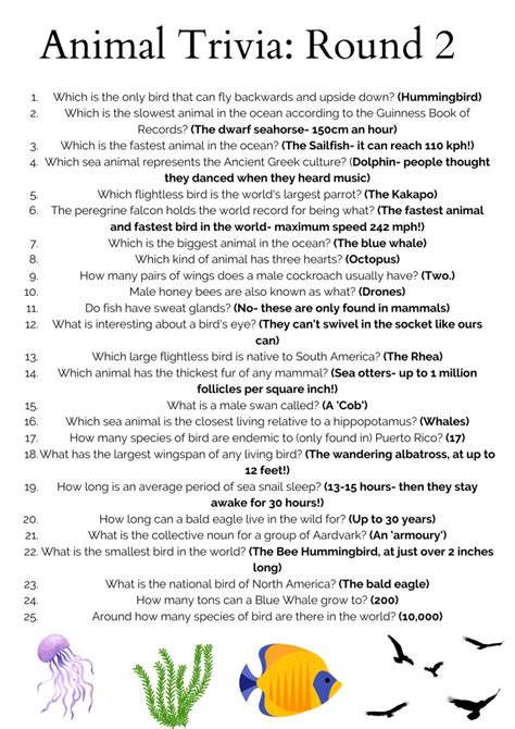 Free 50 Animal Trivia Questions And Answers Printable
