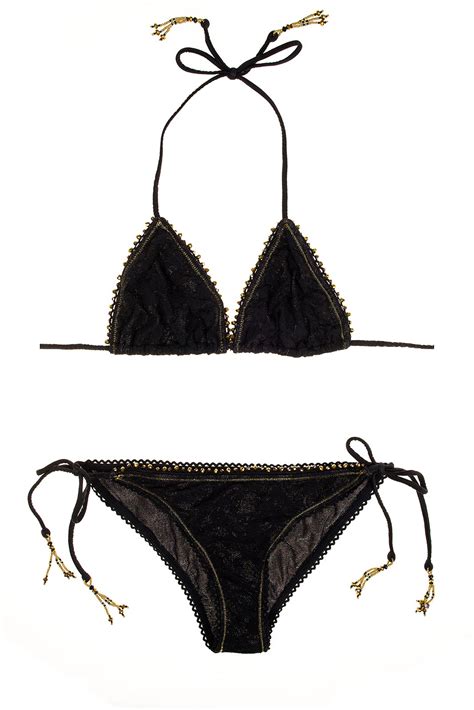 Swimsuit With Lace Froufrous And Golden Pearls Freedon Black