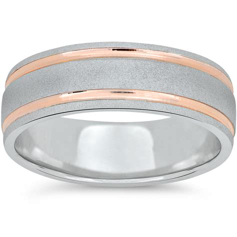 Mens 14k Rose And White Gold Two Tone 7mm Brushed Wedding Band