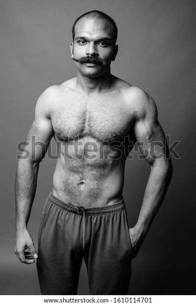 Muscular Indian Man Mustache Shirtless Against Foto De Stock 1610114701