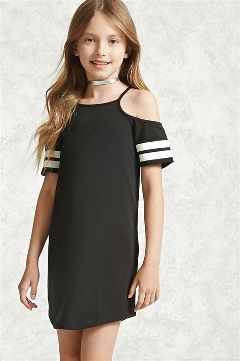 Forever 21 Girls A Knit Dress Featuring Open Shoulders A Square Neckline And Varsity Striped