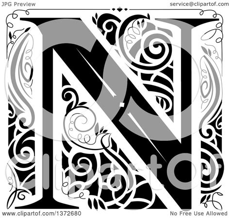 Clipart Of A Black And White Vintage Letter N Monogram Royalty Free