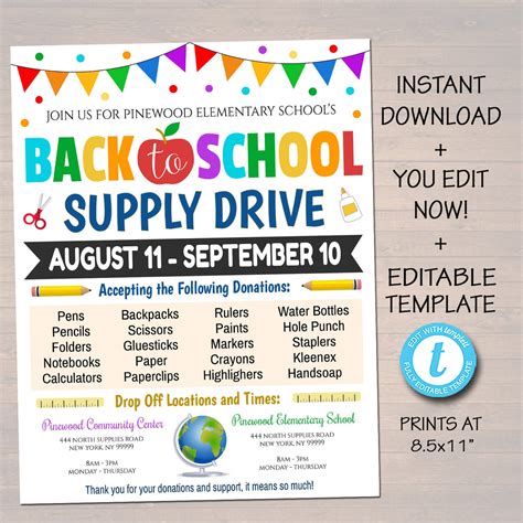 Back To School Supply Drive Fundraiser Flyer — Tidylady Printables