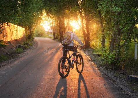Woman Riding A Bicycle On The Rural Road At Sunset In Summer Stock