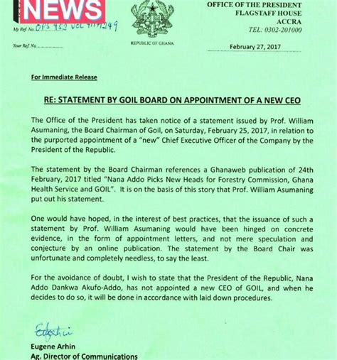 An appointment letter also known as employment offer letter or job appointment letter. Akufo-Addo has not appointed new GOIL CEO - Graphic Online