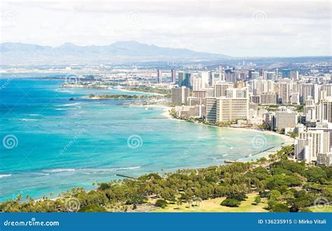 Panorama Skyline View Of Honolulu City And Waikiki Beach In The Pacific