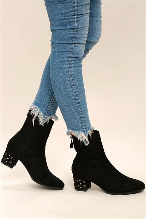 Cute Black Mid Calf Boots Studded Boots Vegan Suede Boots Lulus