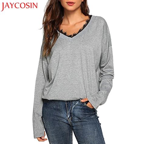 Jaycosin Womens Long Sleeve Sex Solid V Neck T Shirt Female Fashion