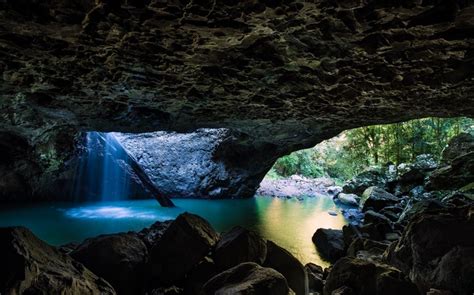 Nature Landscape Pond Cave Waterfall Trees Rock Australia Hd Wallpaper